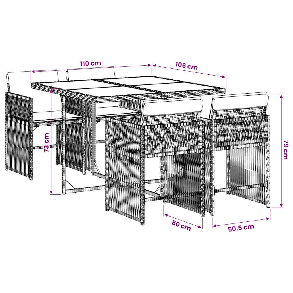 5-tlg. Garten-Essgruppe mit Kissen Schwarz Poly Rattan