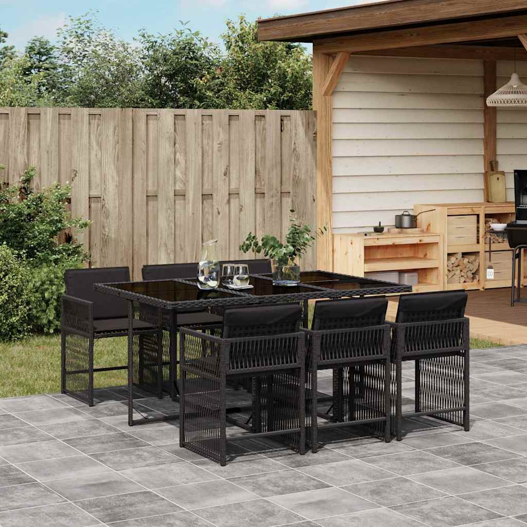 7-tlg. Garten-Essgruppe mit Kissen Schwarz Poly Rattan