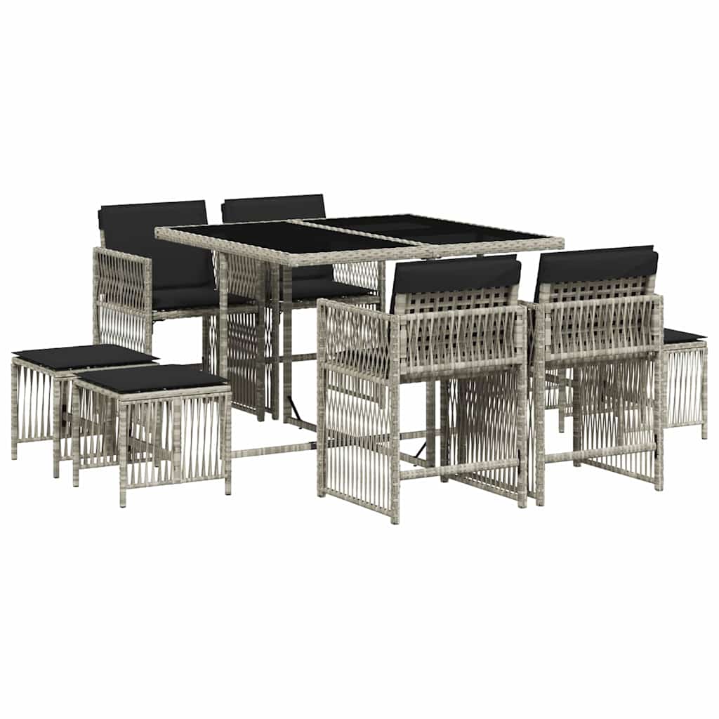 9-tlg. Garten-Essgruppe mit Kissen Hellgrau Poly Rattan