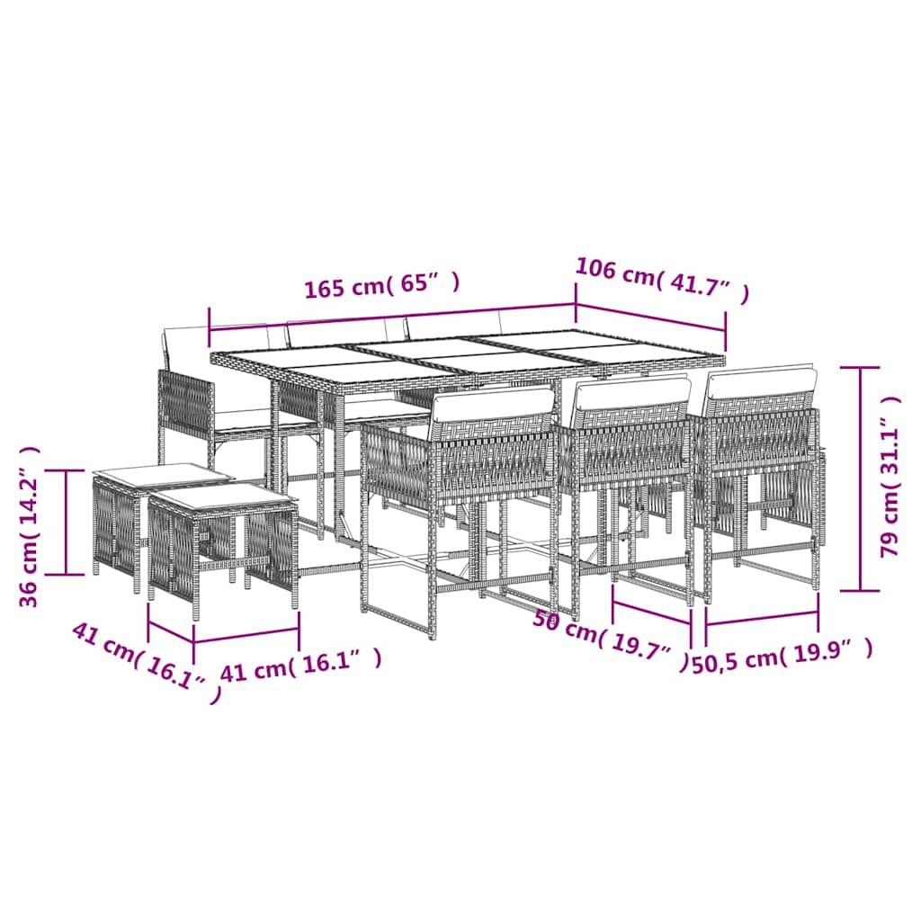11-tlg. Garten-Essgruppe mit Kissen Hellgrau Poly Rattan