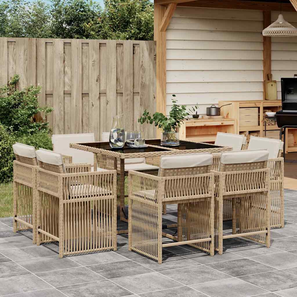 9-tlg. Garten-Essgruppe mit Kissen Beige Poly Rattan