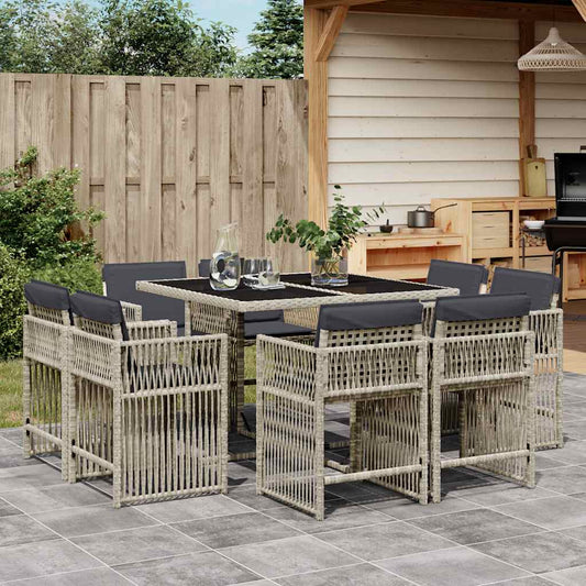 9-tlg. Garten-Essgruppe mit Kissen Hellgrau Poly Rattan