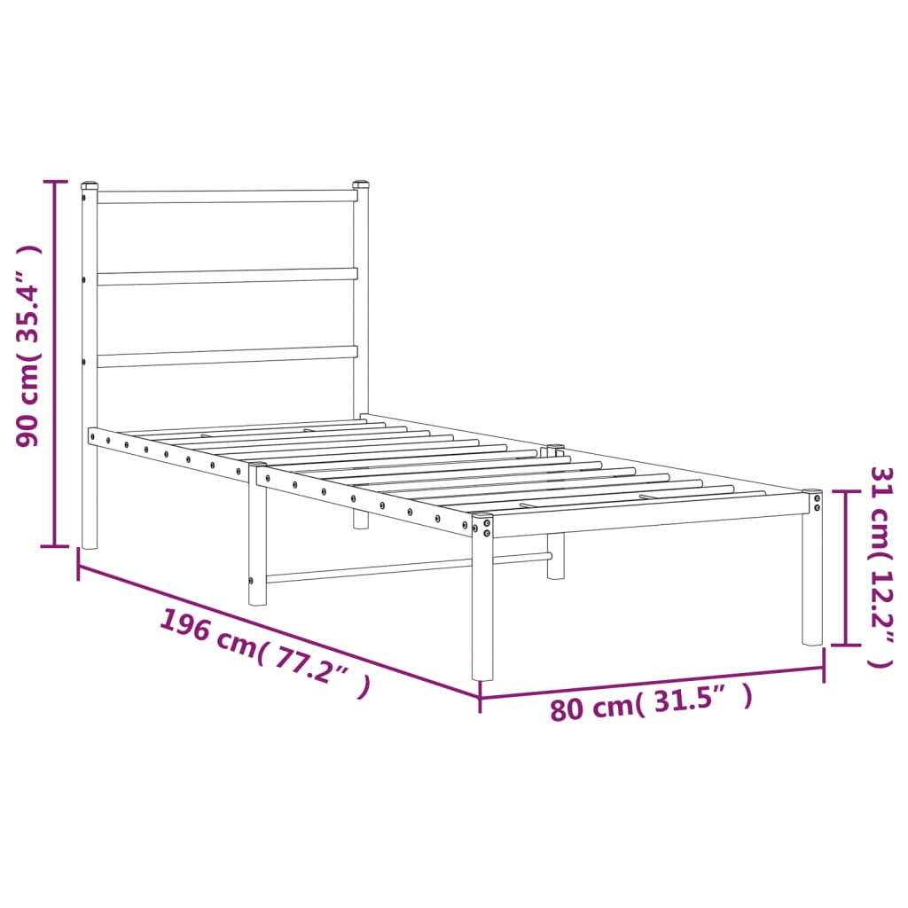 Bed frame with headboard metal black 75x190 cm