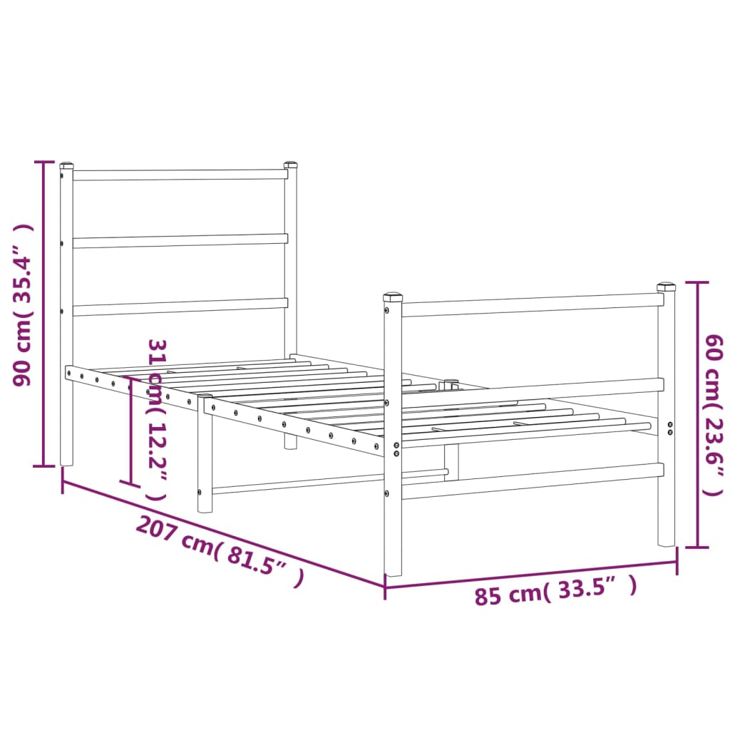 Bed frame with head and footboard metal white 80x200 cm