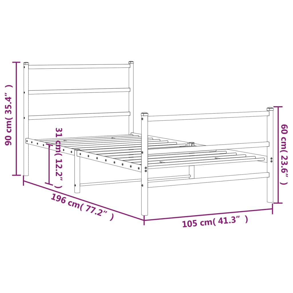 Bed frame with head and footboard metal white 100x190 cm