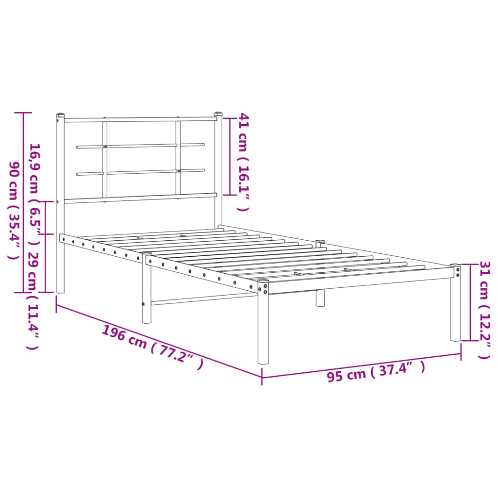 Bed frame with headboard metal black 90x190 cm