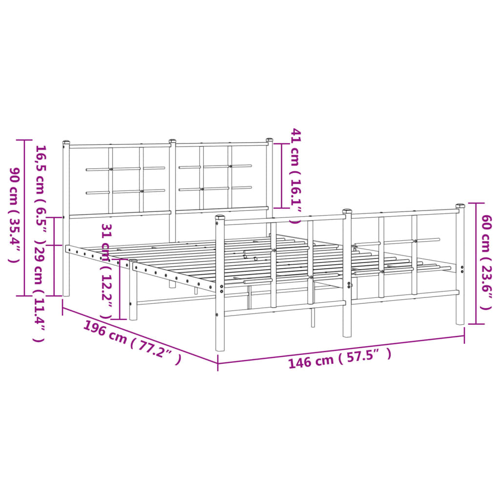 Bed frame with head and footboard metal black 140x190 cm