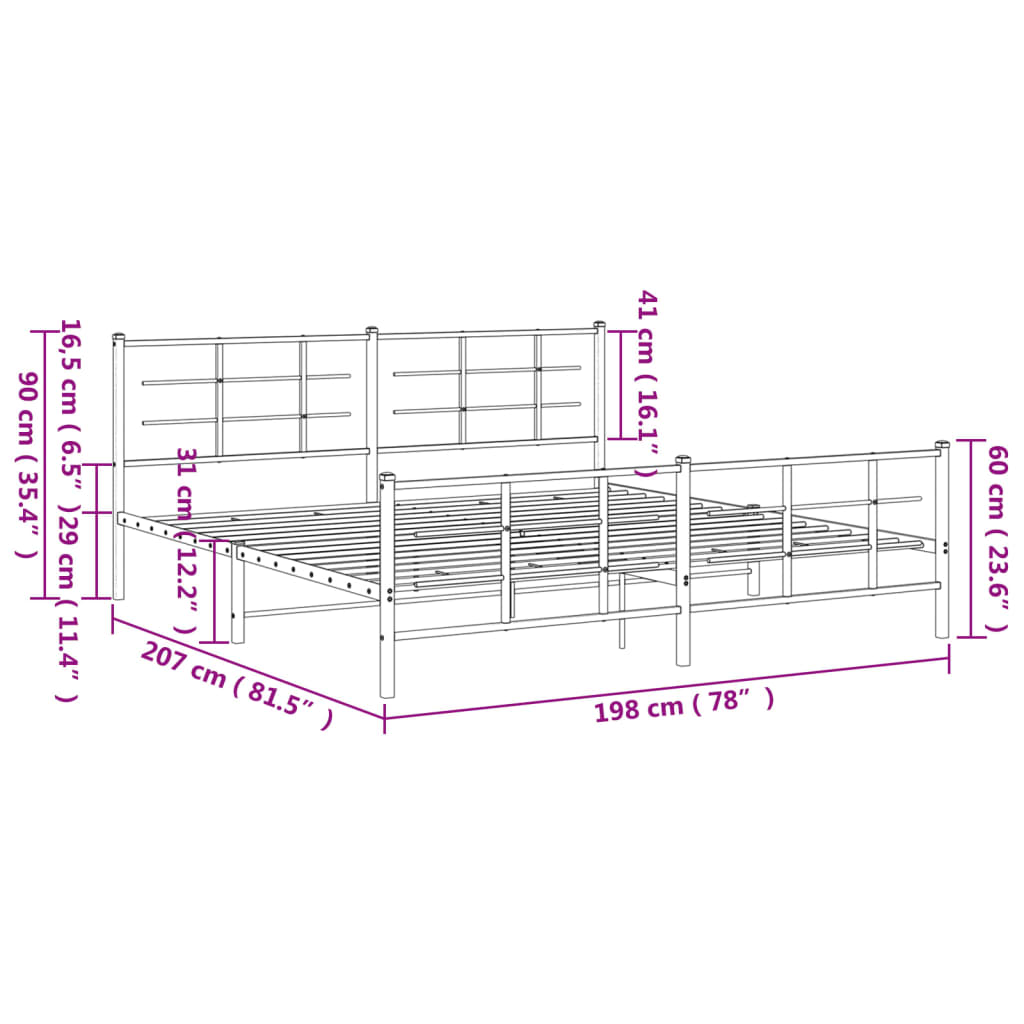 Bed frame with head and footboard metal white 193x203 cm
