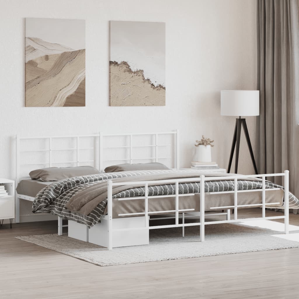 Bed frame with head and footboard metal white 193x203 cm