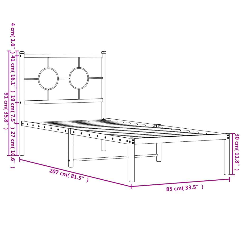 Bed frame with headboard metal black 80x200 cm