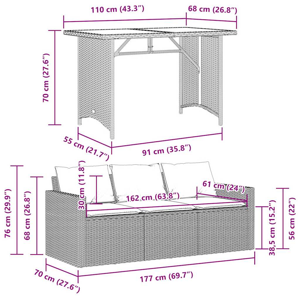 2-tlg. Garten-Essgruppe mit Kissen Grau Poly Rattan
