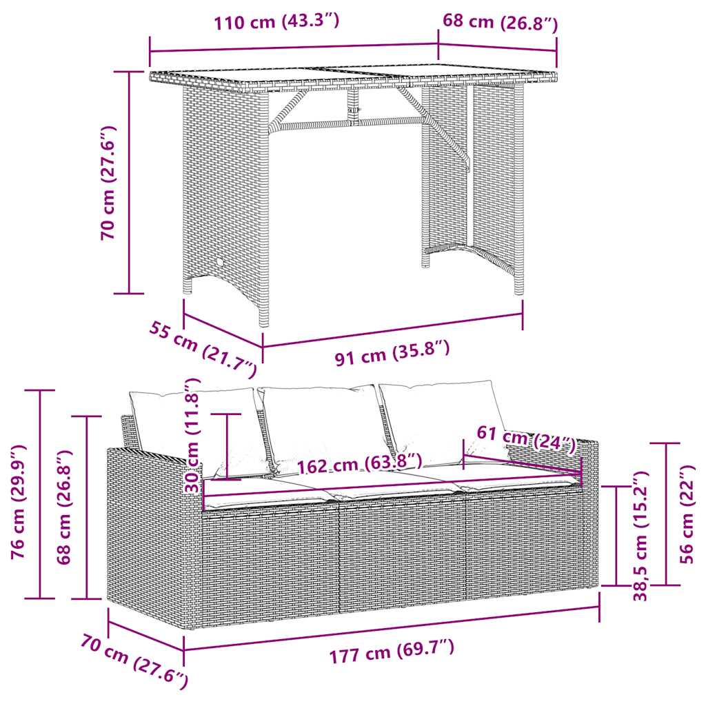 2-tlg. Garten-Essgruppe mit Kissen Beige Poly Rattan
