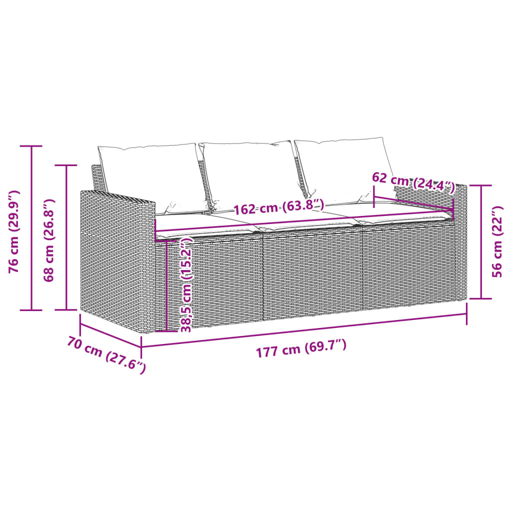 Gartensofa mit Kissen 3-Sitzer Schwarz Poly Rattan