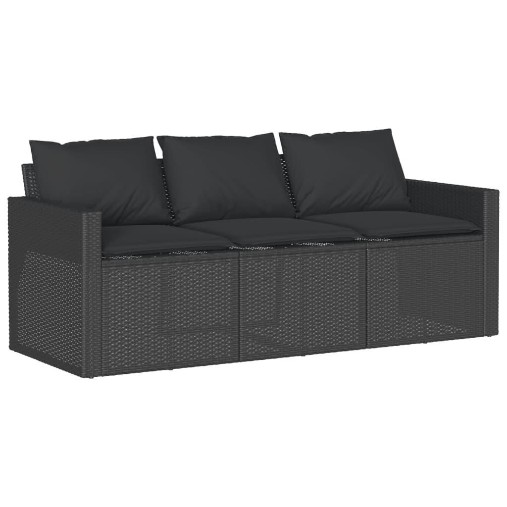 Gartensofa mit Kissen 3-Sitzer Schwarz Poly Rattan