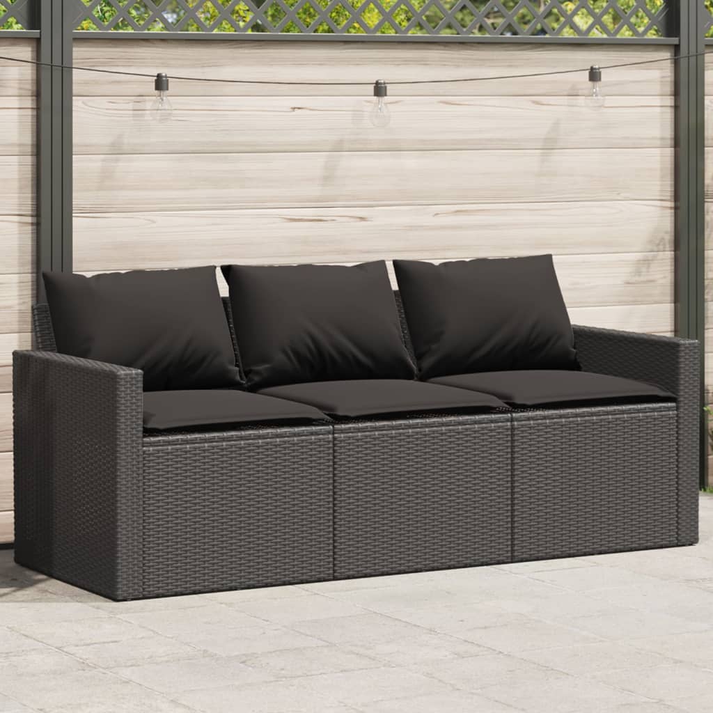 Gartensofa mit Kissen 3-Sitzer Schwarz Poly Rattan