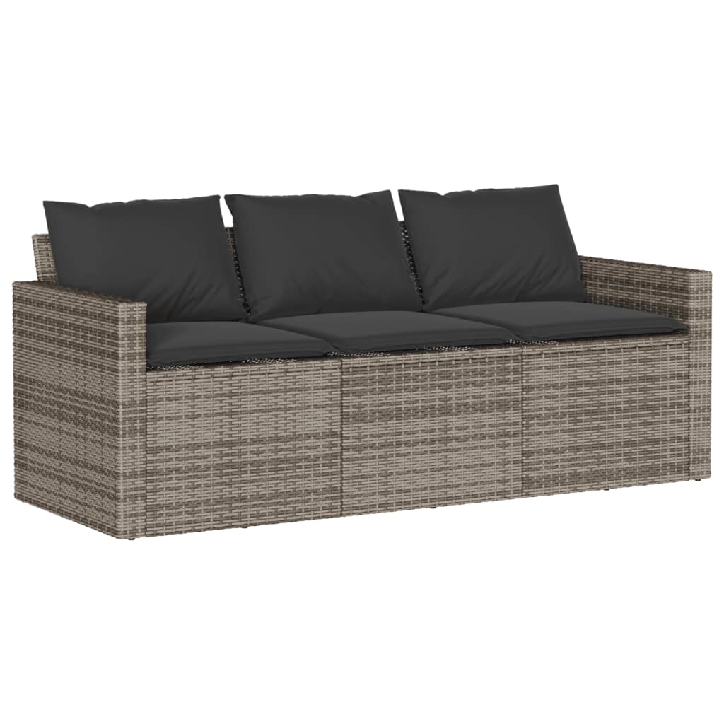 Gartensofa mit Kissen 3-Sitzer Grau Poly Rattan