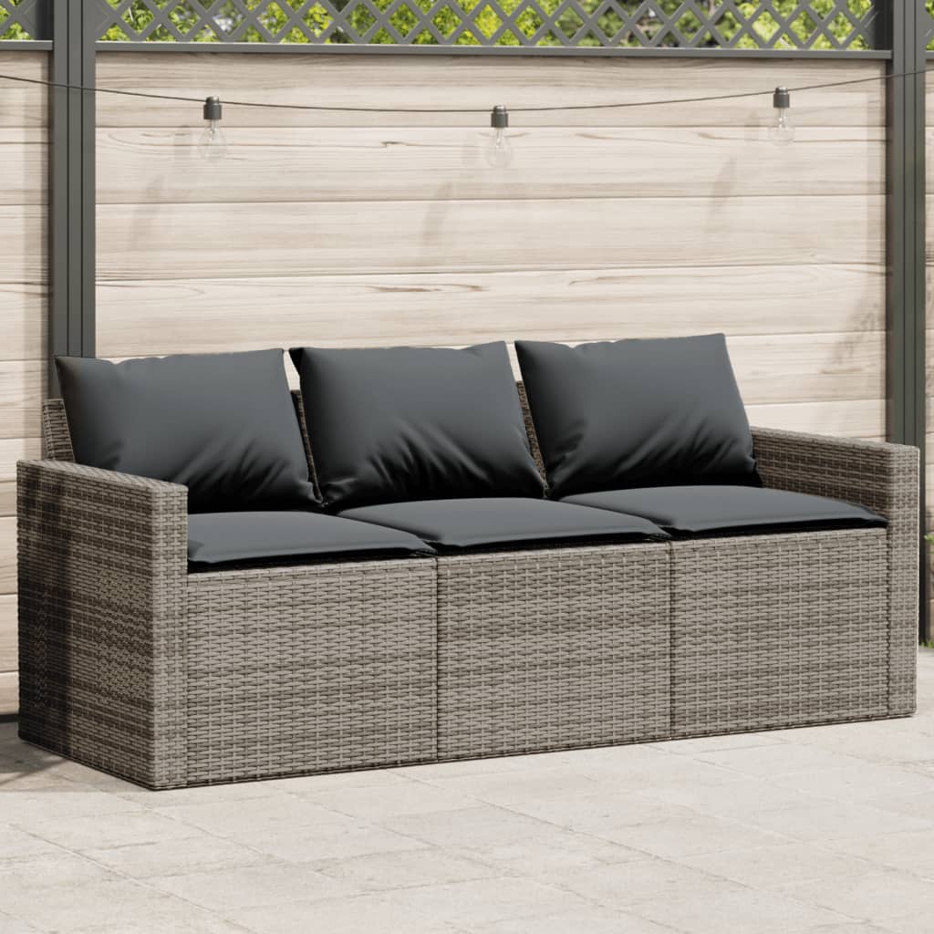 Gartensofa mit Kissen 3-Sitzer Grau Poly Rattan