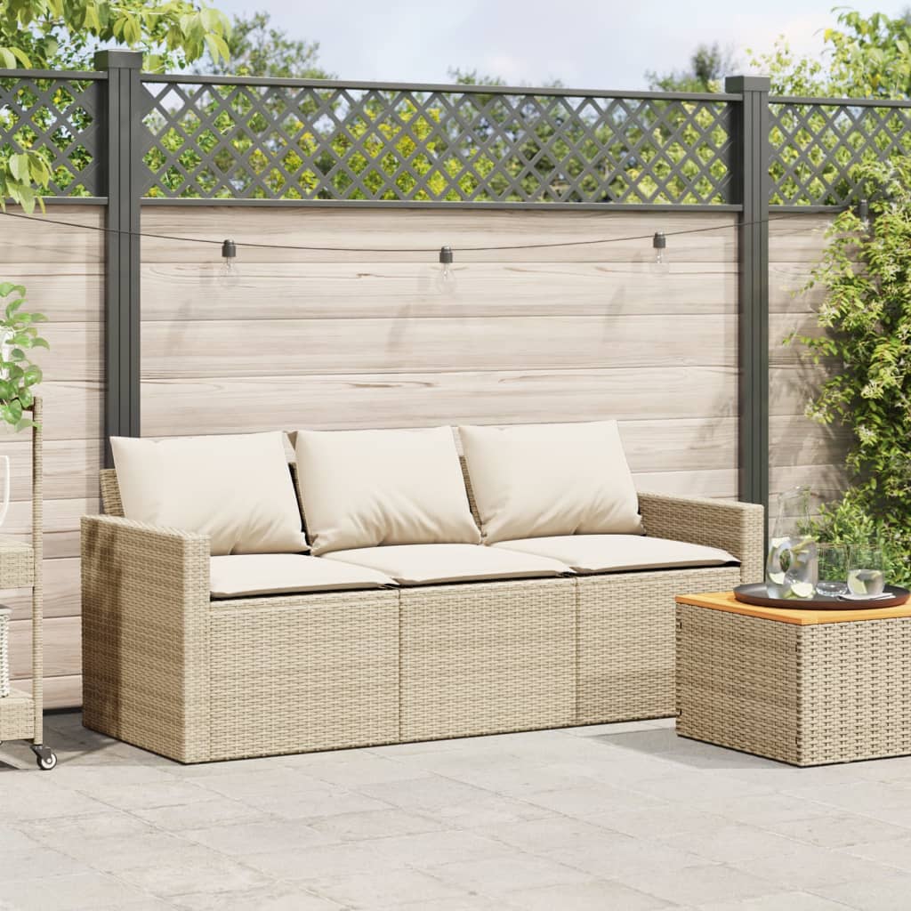 Canapé de jardin avec coussins 3 places en polyrotin beige