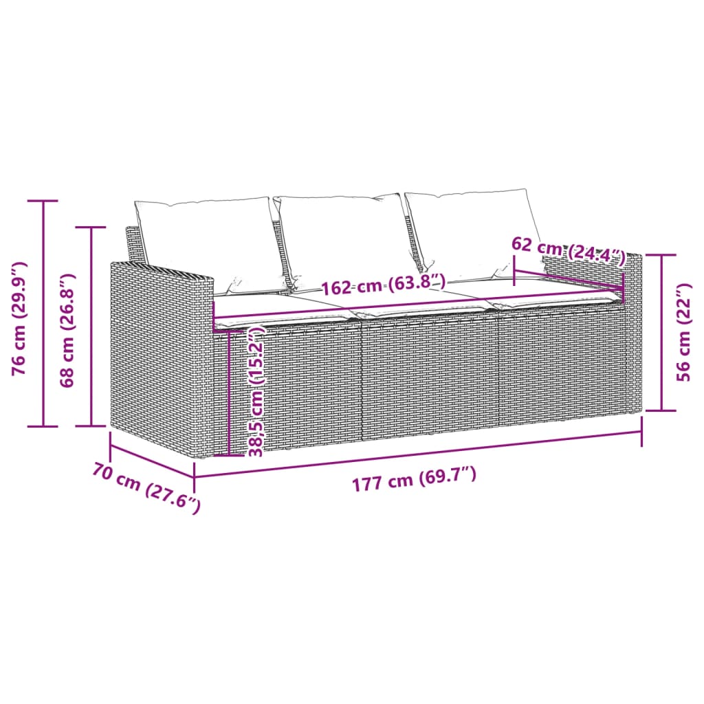 Canapé de jardin avec coussins 3 places en polyrotin beige