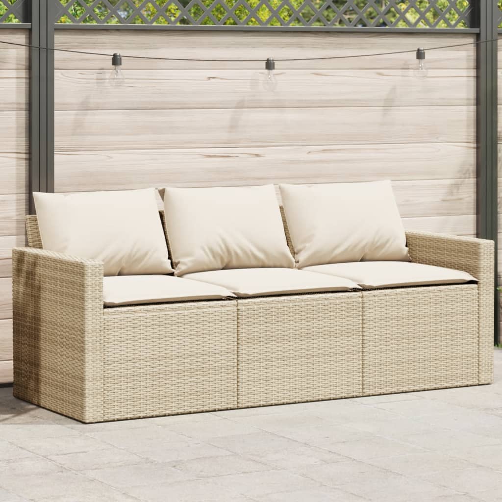 Canapé de jardin avec coussins 3 places en polyrotin beige