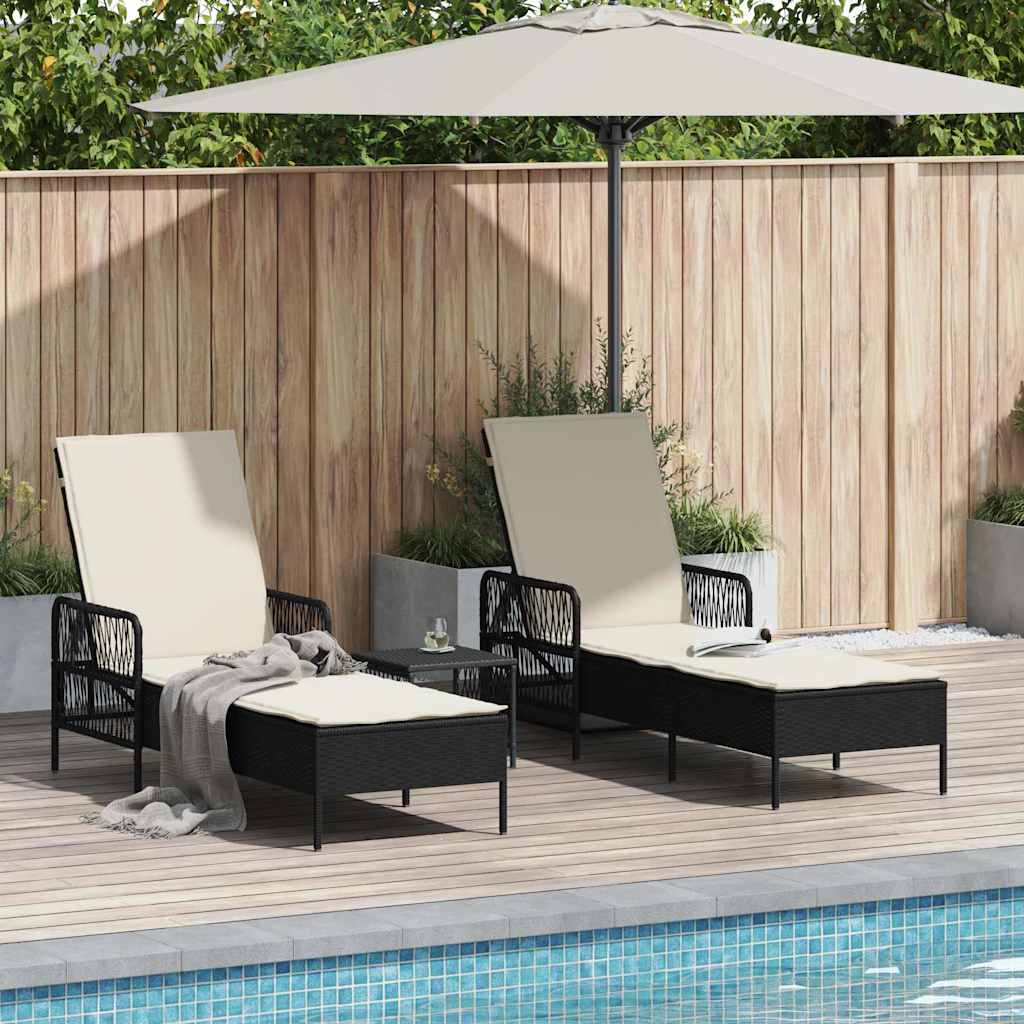 Sonnenliege 3 stk. Poly-Rattan Schwarz und Cremeweiß