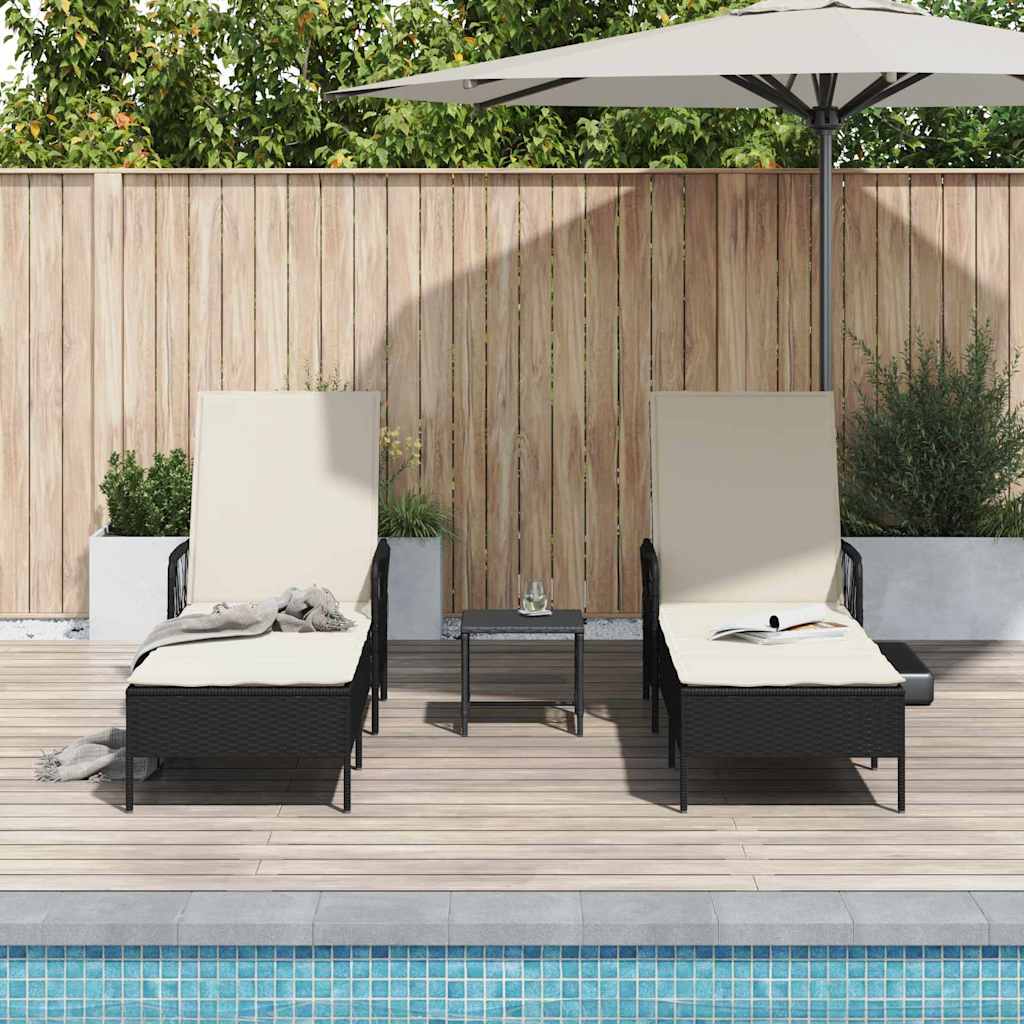 Sonnenliege 3 stk. Poly-Rattan Schwarz und Cremeweiß