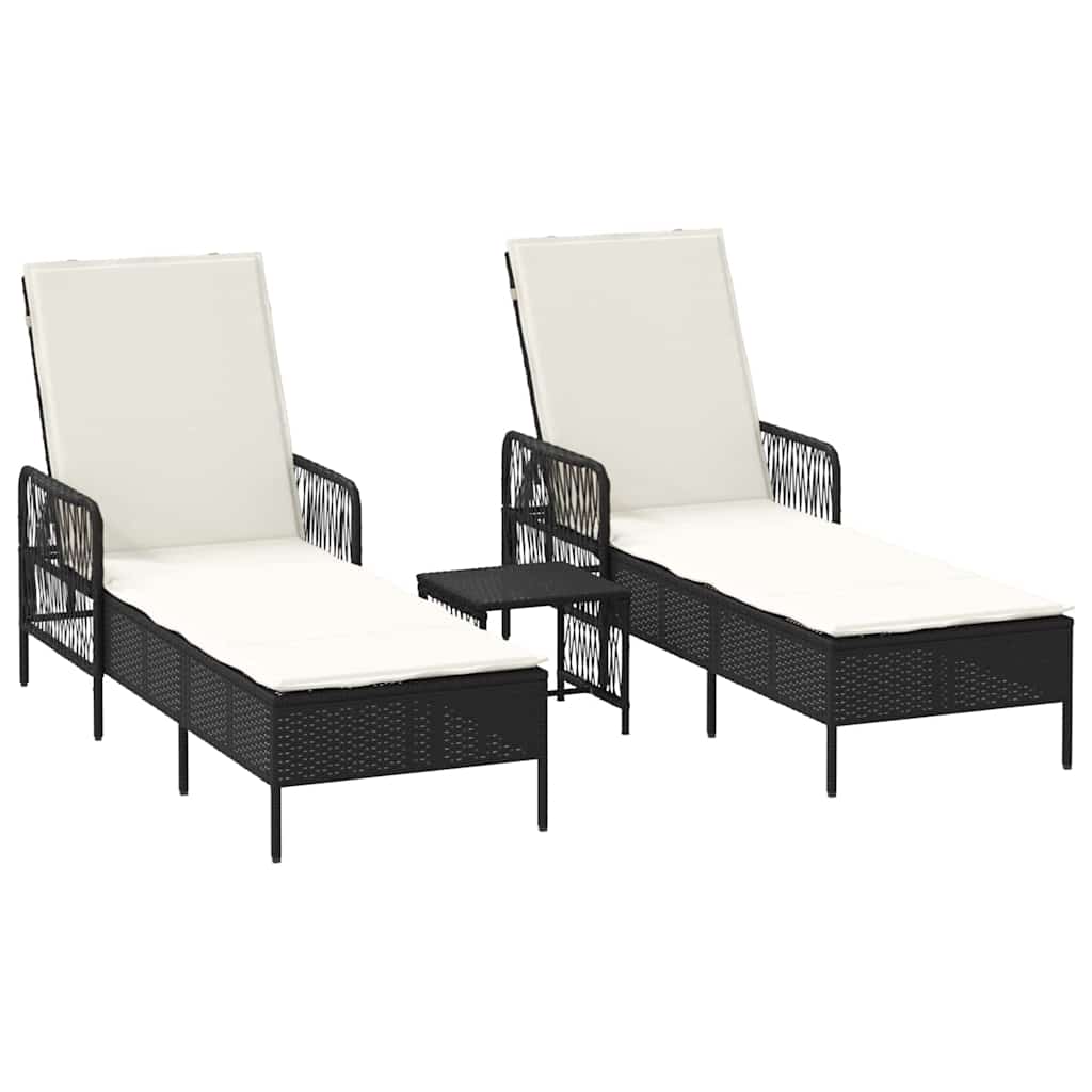 Sonnenliege 3 stk. Poly-Rattan Schwarz und Cremeweiß
