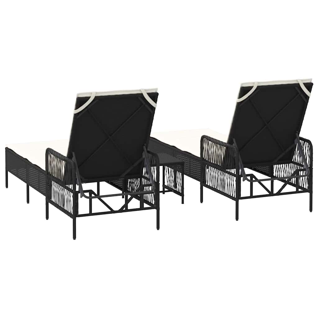 Sonnenliege 3 stk. Poly-Rattan Schwarz und Cremeweiß