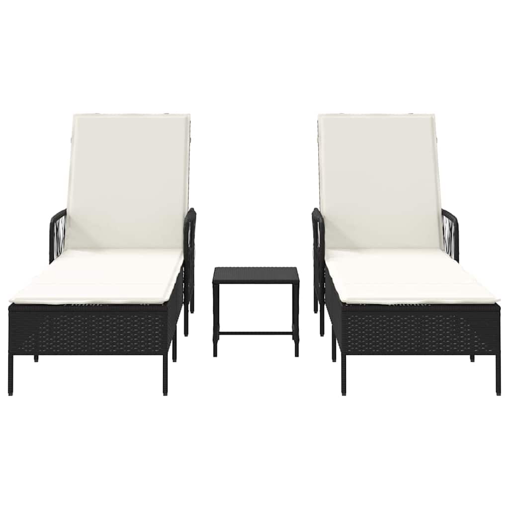 Sonnenliege 3 stk. Poly-Rattan Schwarz und Cremeweiß