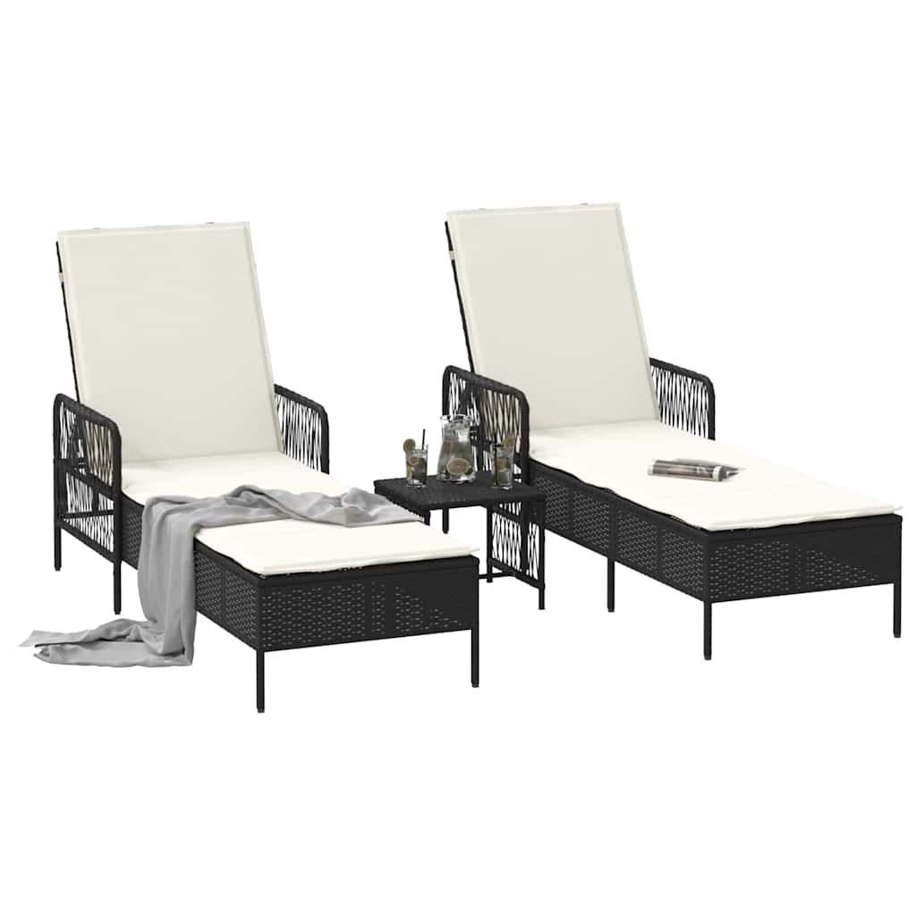 Sonnenliege 3 stk. Poly-Rattan Schwarz und Cremeweiß