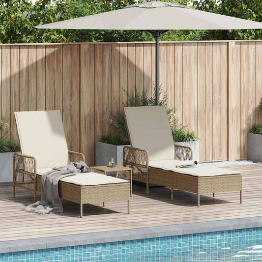 Ensemble de 3 chaises longues en rotin synthétique beige et blanc crème, métal