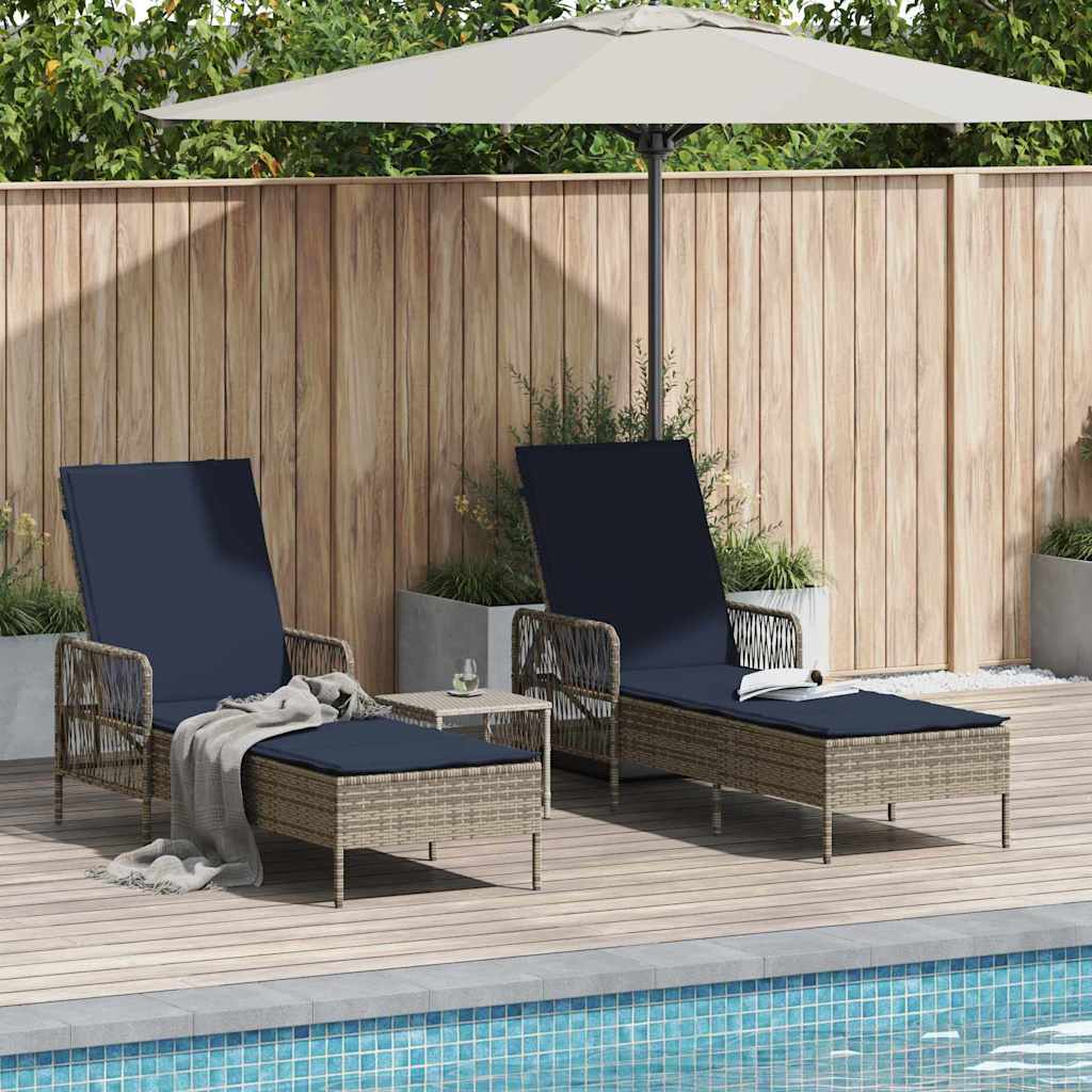 Sonnenliege 3 stk. Poly-Rattan Grau und Marineblau