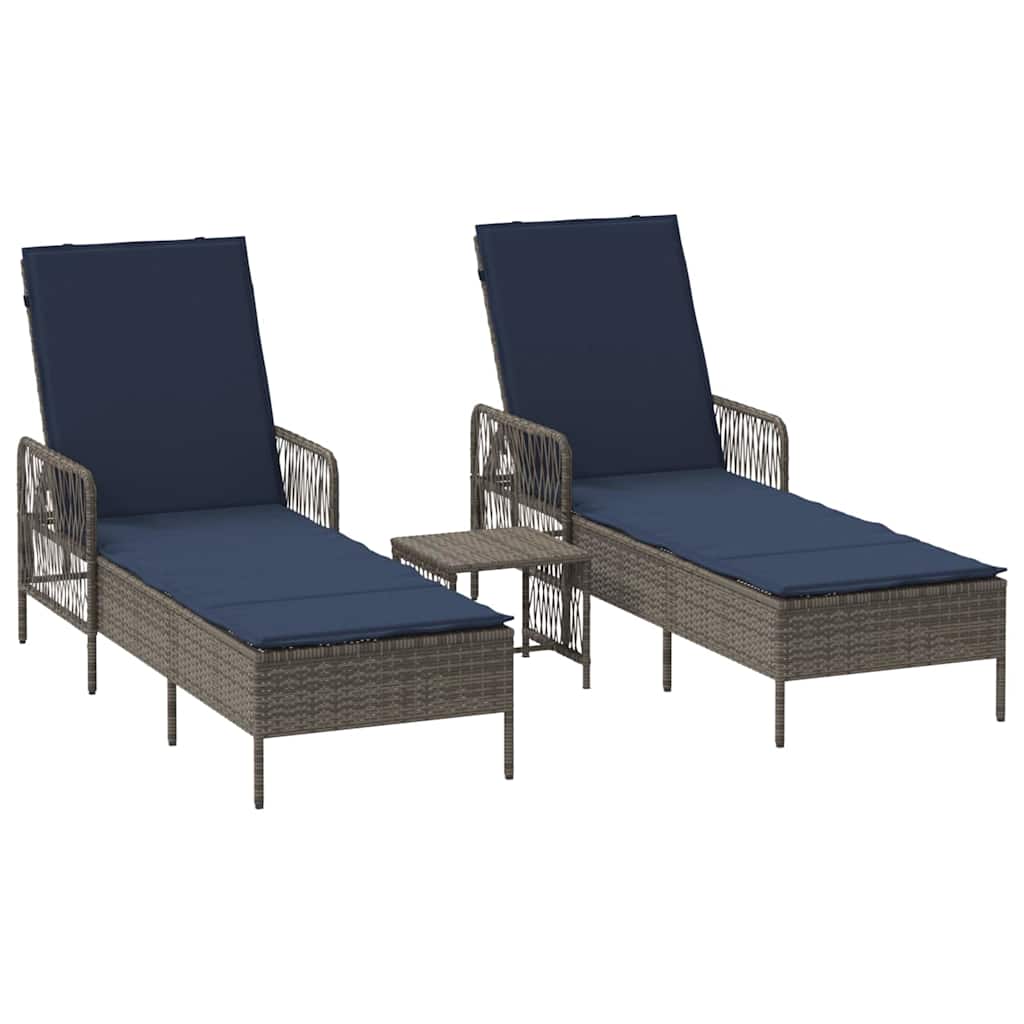 Sonnenliege 3 stk. Poly-Rattan Grau und Marineblau