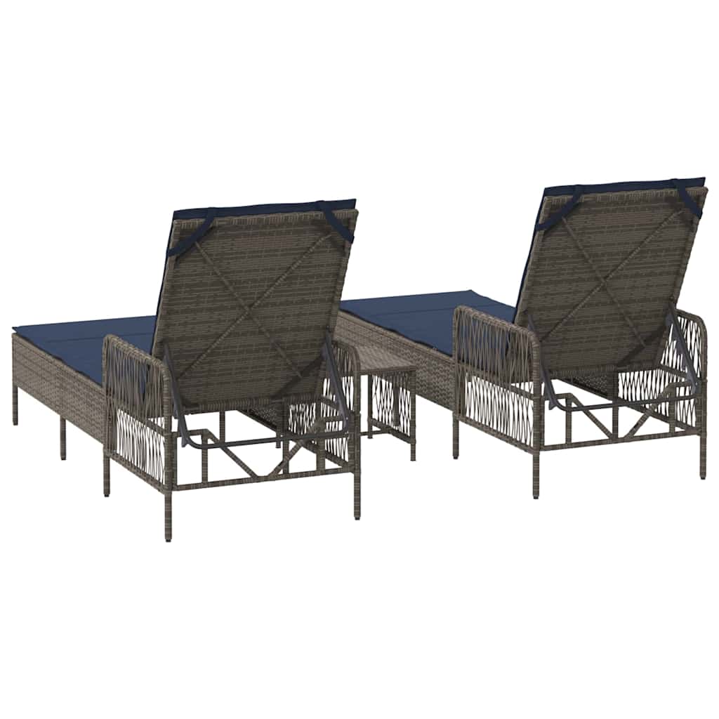 Sonnenliege 3 stk. Poly-Rattan Grau und Marineblau