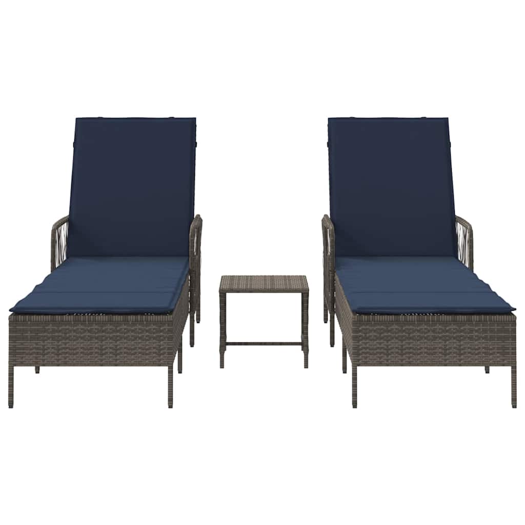 Sonnenliege 3 stk. Poly-Rattan Grau und Marineblau