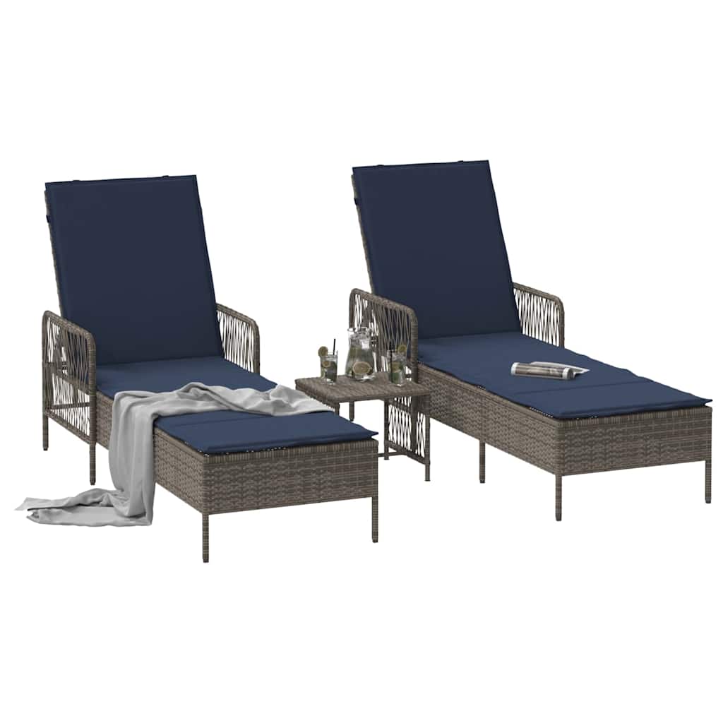 Sonnenliege 3 stk. Poly-Rattan Grau und Marineblau