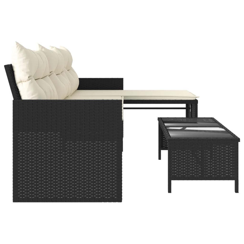 Canapé de jardin en L avec table et coussins Poly Rotin Noir