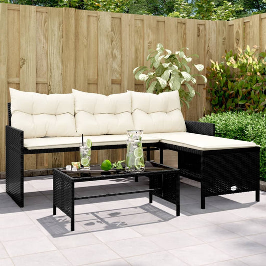 Canapé de jardin en L avec table et coussins Poly Rotin Noir