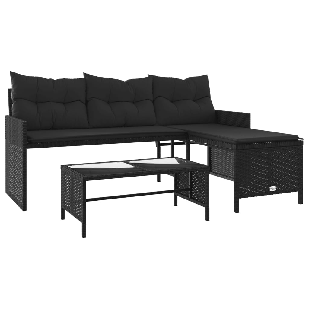 Canapé de jardin en L avec table et coussins Poly Rotin Noir