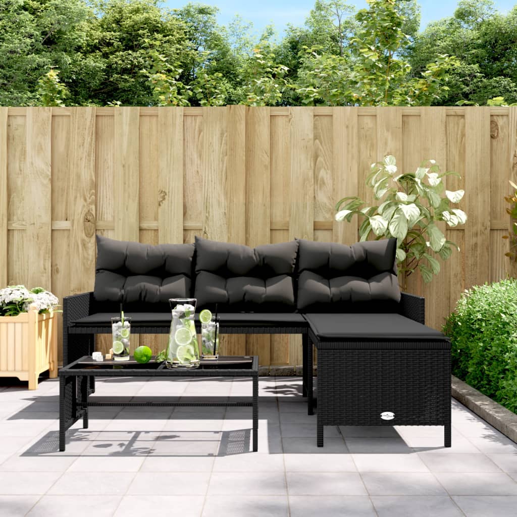 Canapé de jardin en L avec table et coussins Poly Rotin Noir