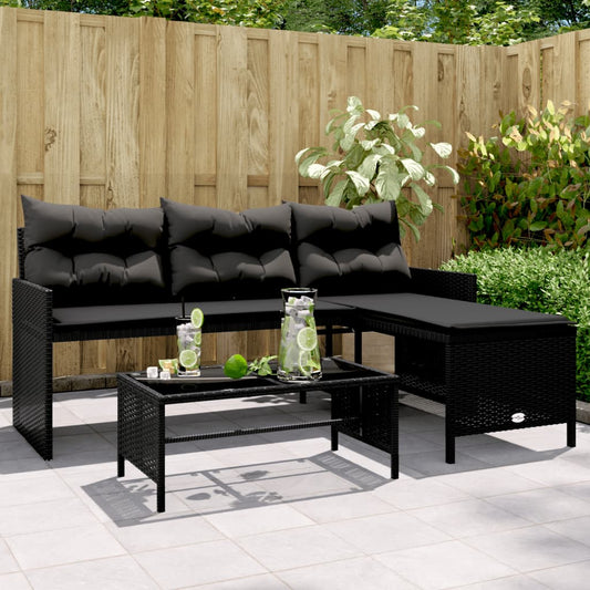 Canapé de jardin en L avec table et coussins Poly Rotin Noir