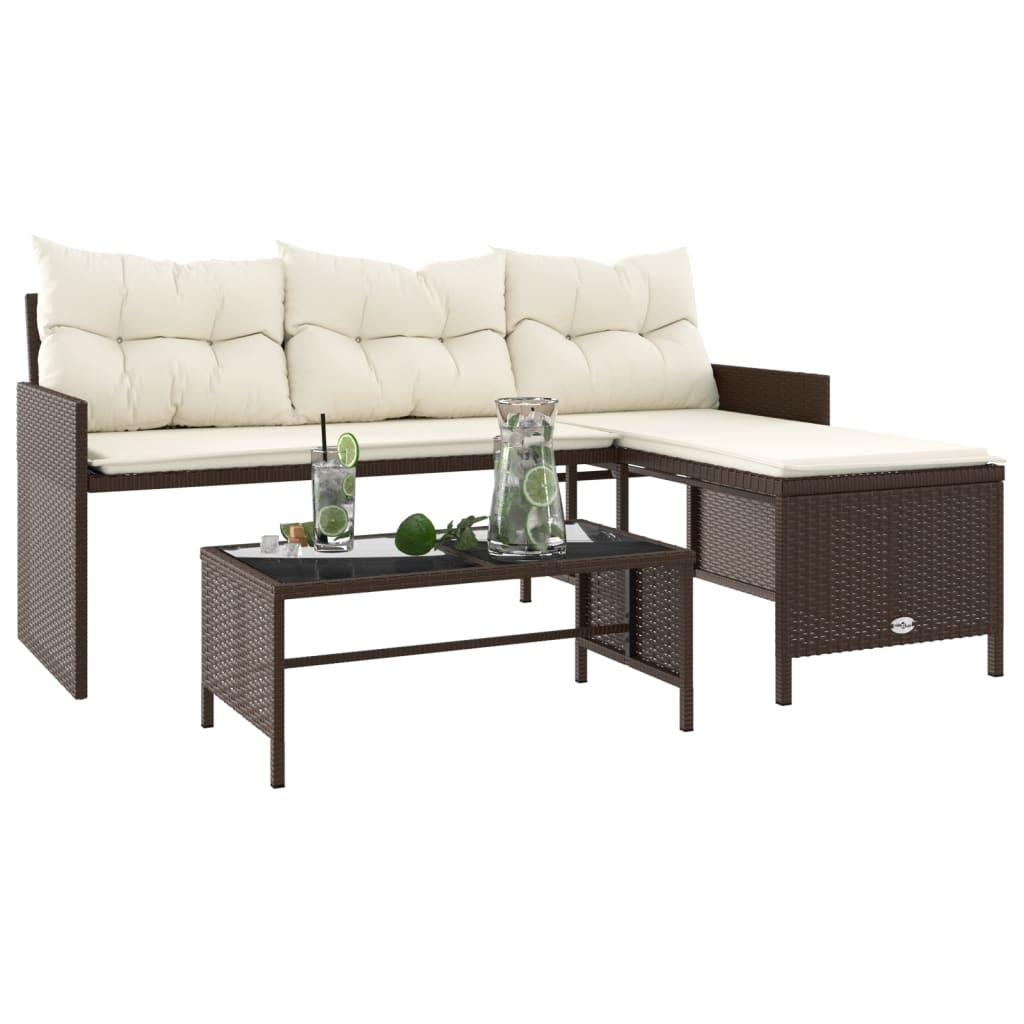 Gartensofa in L-Form mit Tisch und Kissen Braun Poly Rattan