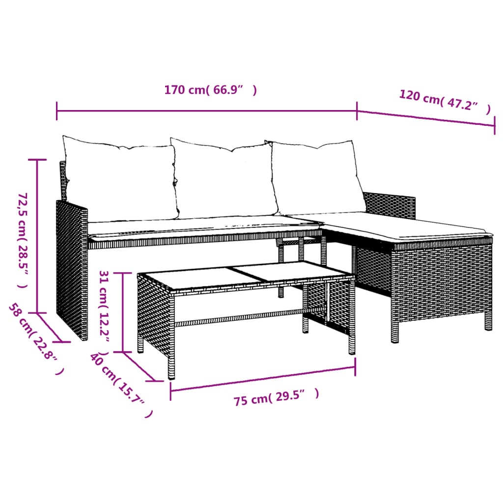 Canapé de jardin en forme de L avec table et coussins en polyrotin marron