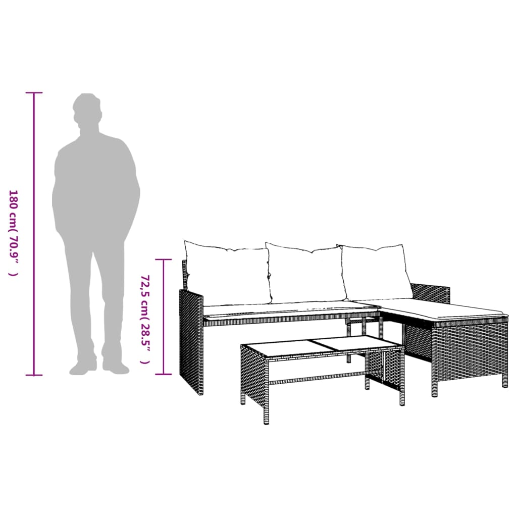 Canapé de jardin en forme de L avec table et coussins en polyrotin marron