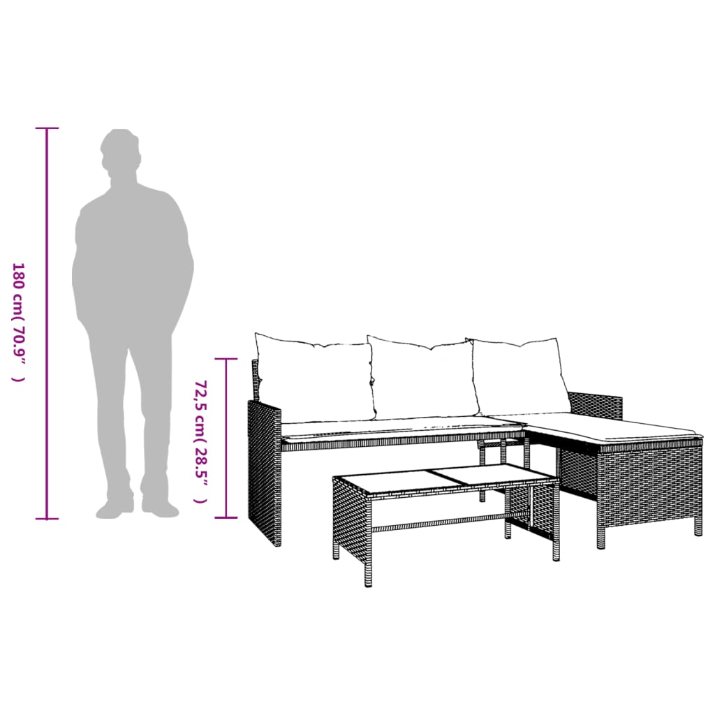 Canapé de jardin en L avec table et coussins en polyrotin beige