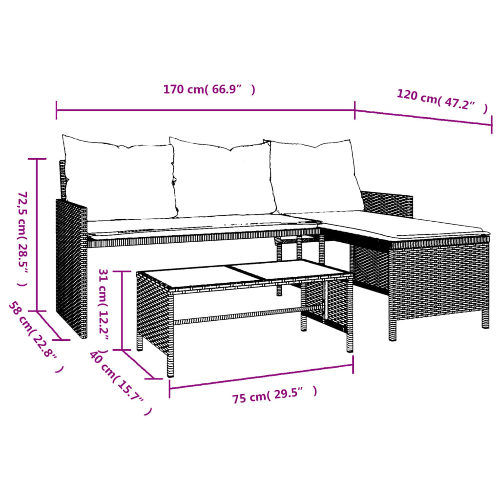 Canapé de jardin en L avec table et coussins en polyrotin gris clair