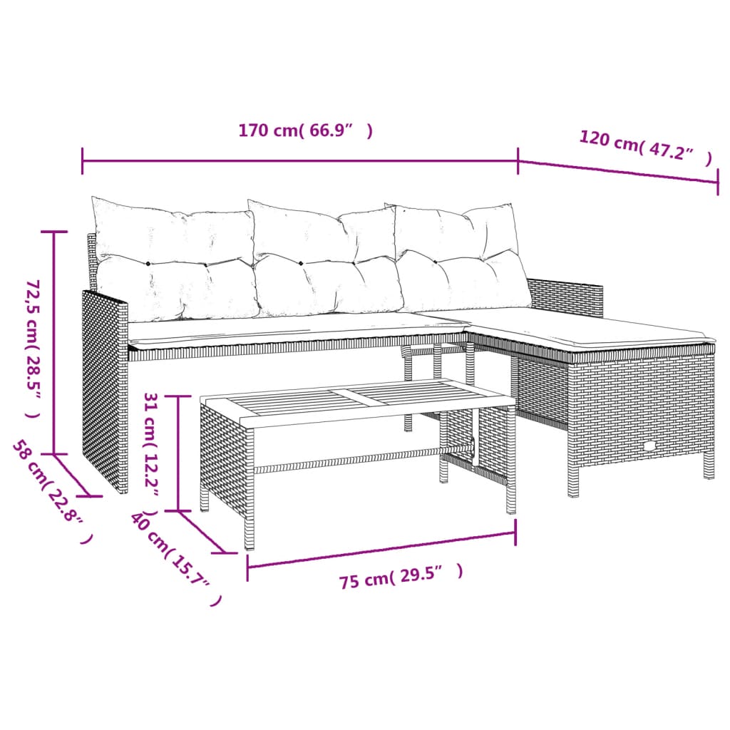 Canapé de jardin en L avec table et coussins Poly Rotin Noir