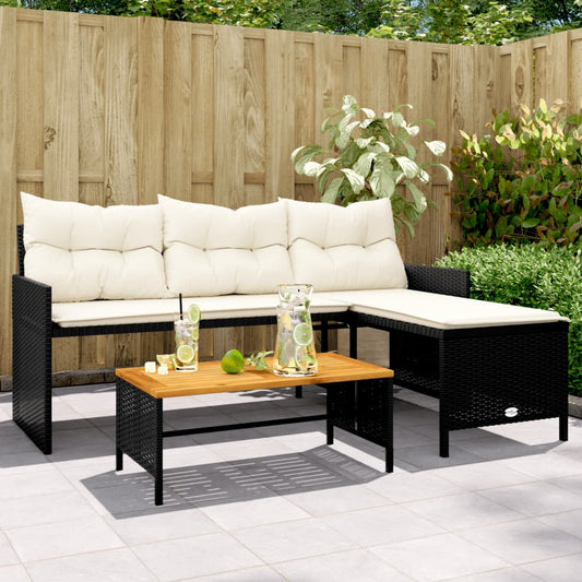 Canapé de jardin en L avec table et coussins Poly Rotin Noir