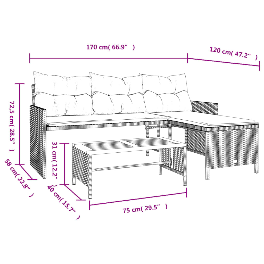 Canapé de jardin en L avec table et coussins en polyrotin beige