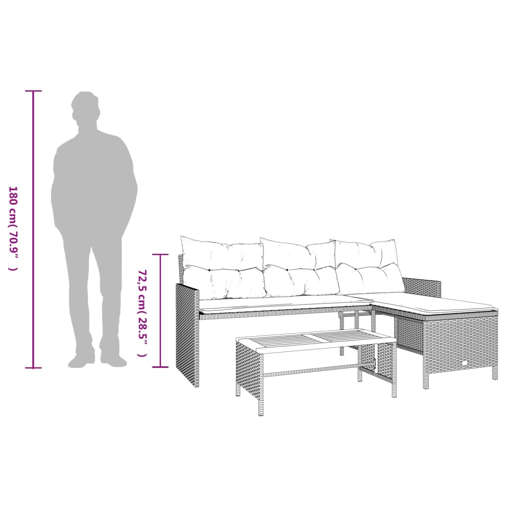 Canapé de jardin en L avec table et coussins en polyrotin beige